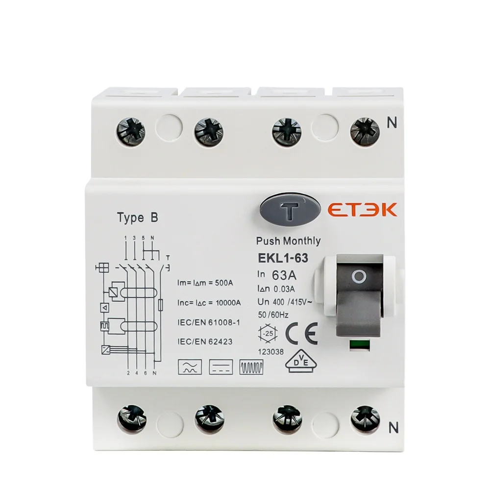 ETEK EKL1-63B  rccb 63A 30mA 10KA  4P Type B RCCB ELCB RCD circuit breaker