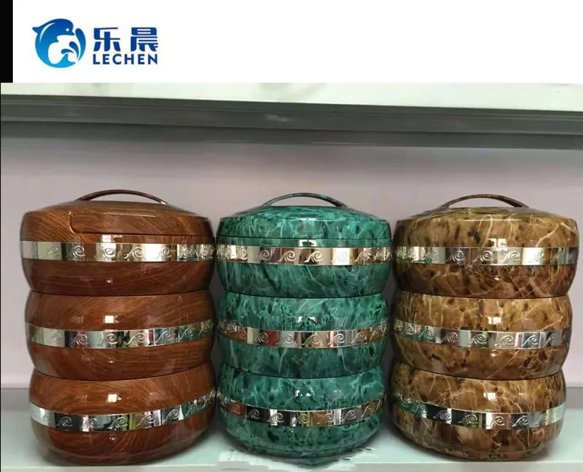 

African Stainless Steel Polished Cookware Three-layers Square Insulated Stock Pot Handle Lunch Box Set Stock Pot, Green,brown,yellow