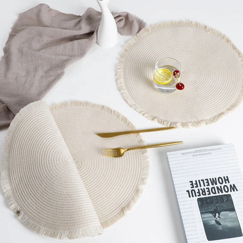 

Home Textile Fringes Woven Fabric Placemats, Decorative Tassel Heat Resistant Woven Placemats Round
