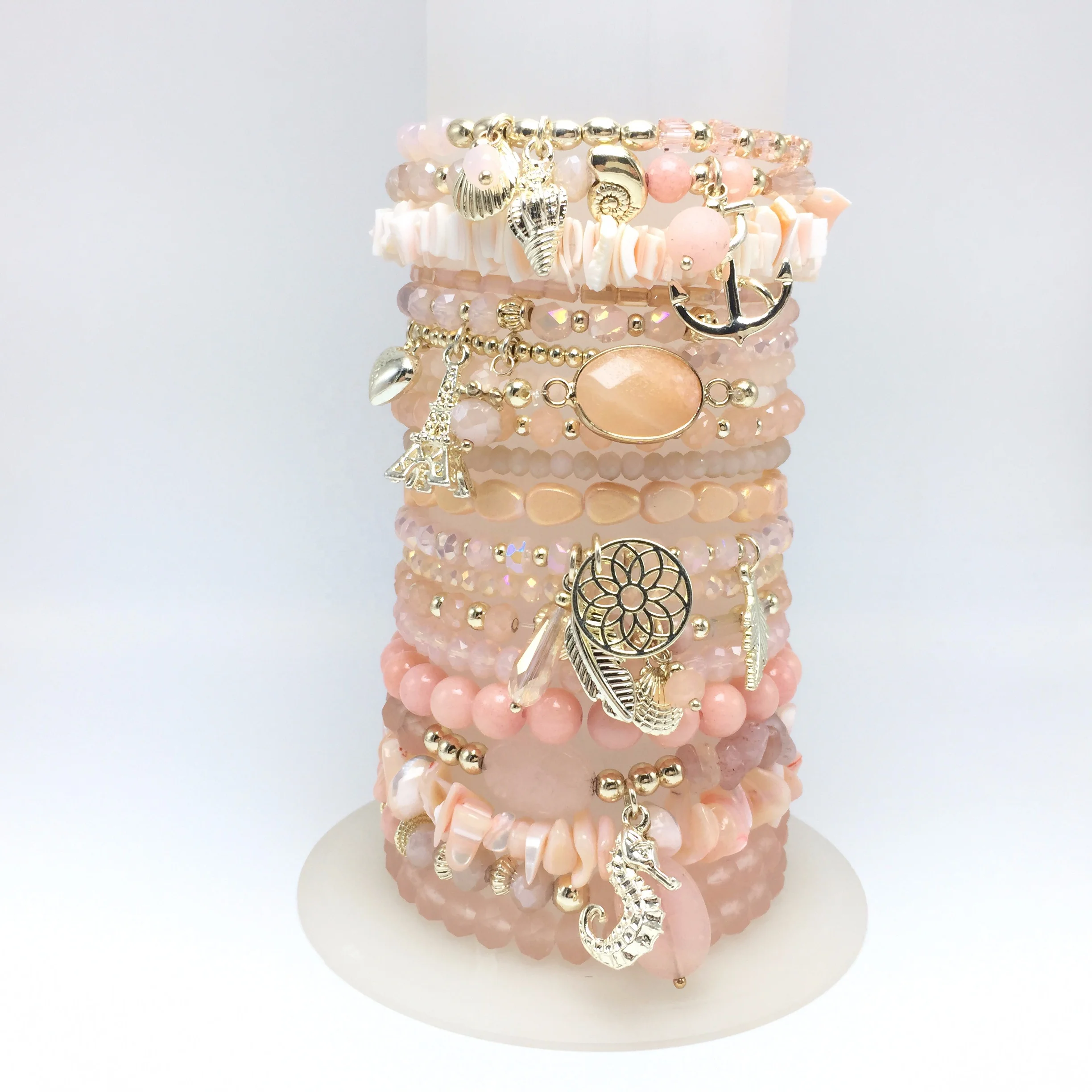 Pink Color Combination Bracelets bangles beads handmade from agate alloy natural stone pendants chars shell anchor Eiffel Towel