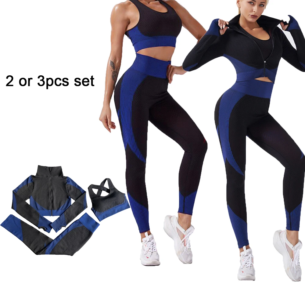 

2/3 piece yoga leggings set women seamless sports wear suit high waist fitness pants sports bra long sleeve top gym clothing, Available