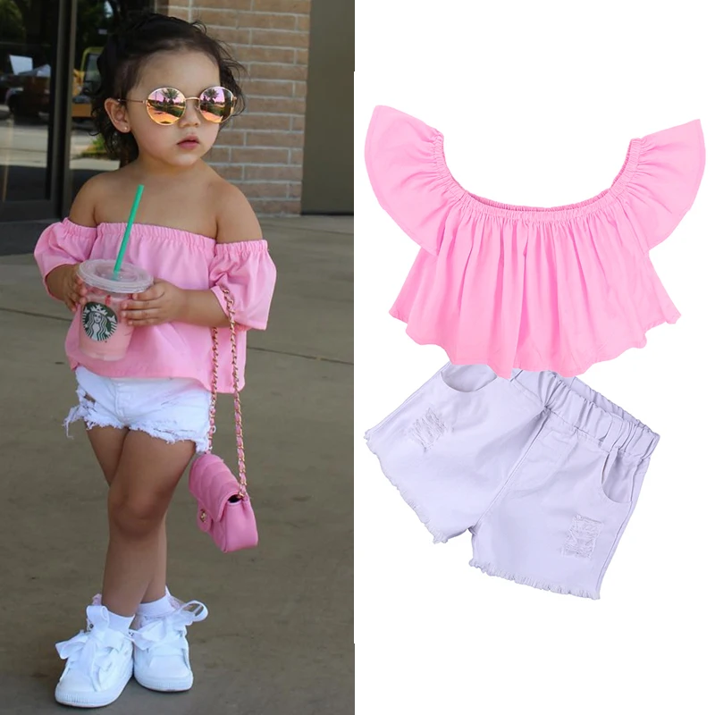 

Fashion 2 piece set outfits wholesale children clothing baby girl summer clothes for kids, Pink and white