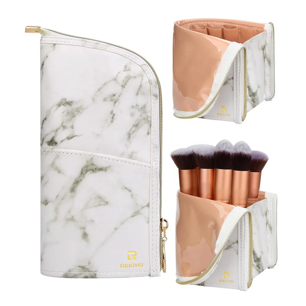 

Free Dropshipping Relavel Multi-function Large capacity Waterproof Stand-Up Organizer Divider Makeup Brush Holder For Travel, Marble white