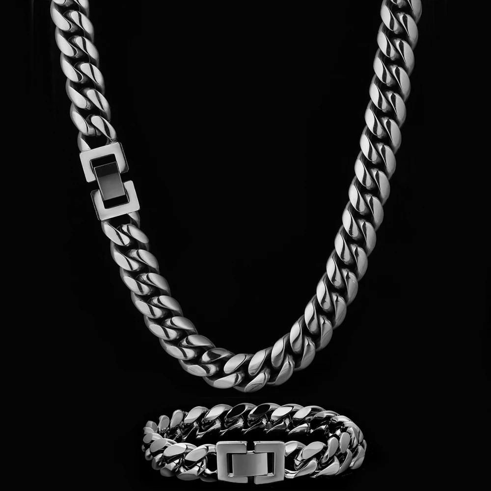 

KRKC Drop Shipping 1pcs Service 12mm Silver White Gold Plated Miami Stainless Steel Hip Hop Jewelry Cuban Link Chain