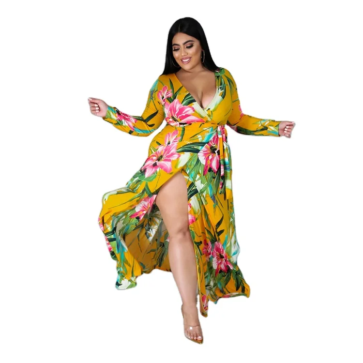 

Fashion casual floral printed womans ladies summer spandex v neck maxi long A line dresses & skirts plus size new arrivals 2021