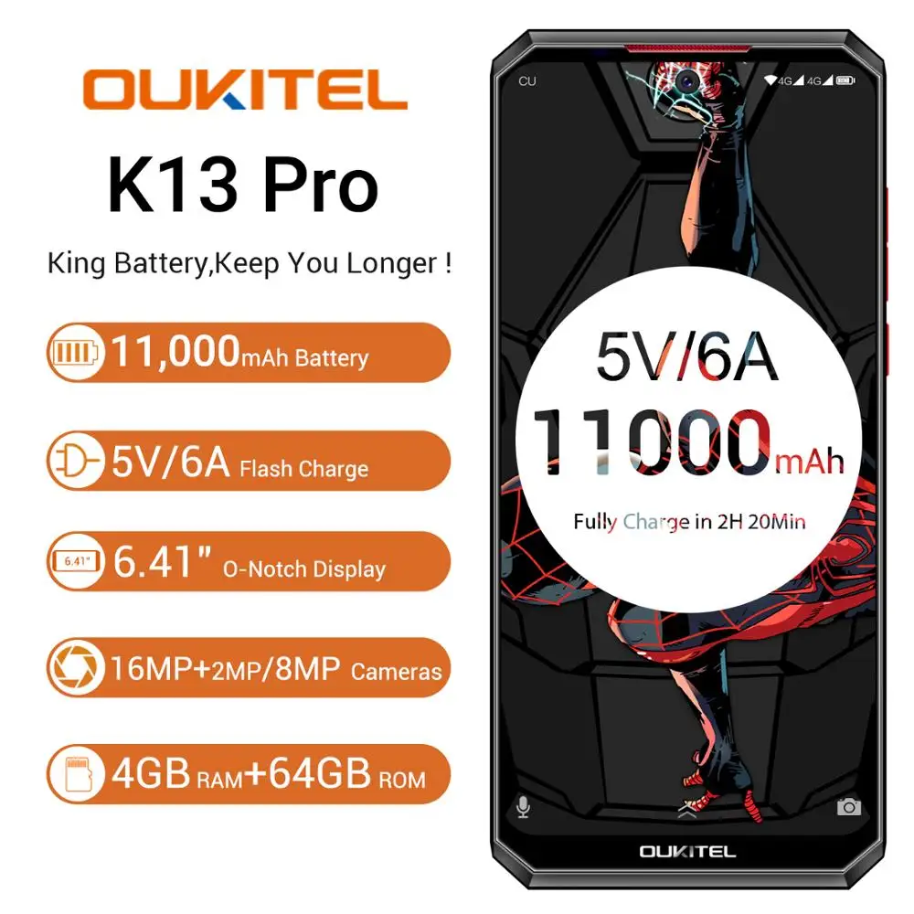 

KOMAY OUKITEL K13 Pro 6.41'' 11000mAh 4GB 64GB Smartphone MT6762 Octa Core Android 9.0 NFC Mobile Phone Face ID Fast Charging