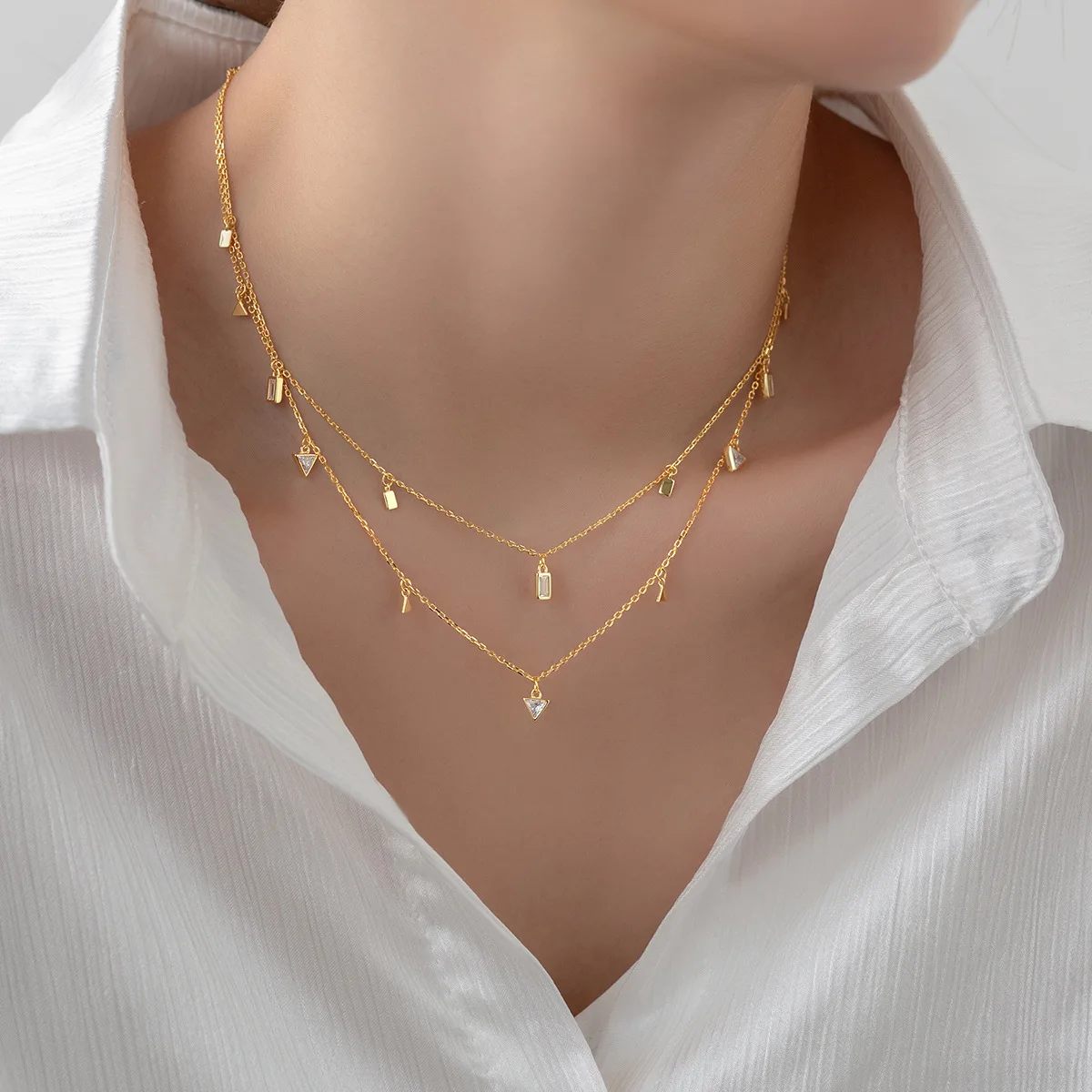 Fashion Jewelry 925 Sterling Silver Geometric Water Drop square Triangle Charm Diamond Gold Plated Necklaces for Women