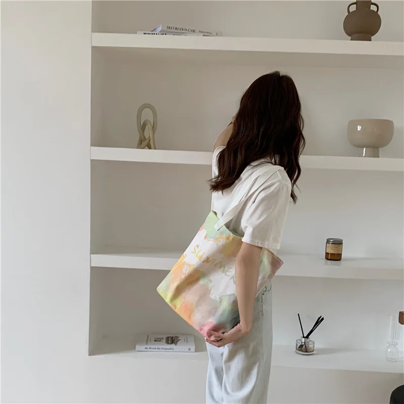 

Wholesale Canvas Summer Rainbow Fashion Custom Tote Bag with Multi Gradient Color Printing