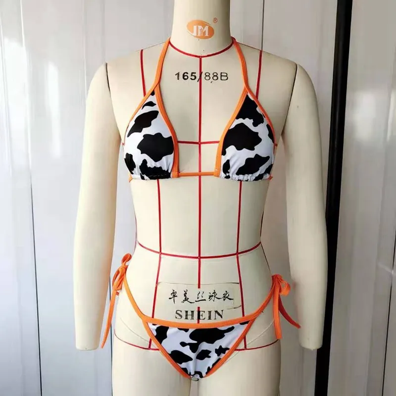 

new Sexy Bikini Women Summer Cow Printed Swimwear Bikini Set G-String Thong Beach Triangle Suit Swimsuit Bathing Suit Biquini, Flower