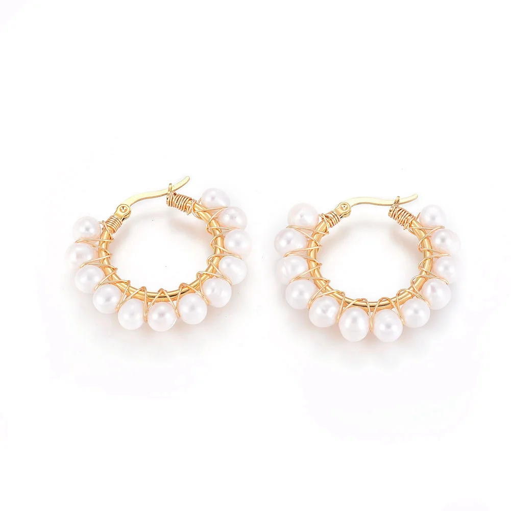 

PandaHall 304 Stainless Steel White Natural Pearls Ring Hoop Earrings, Golden