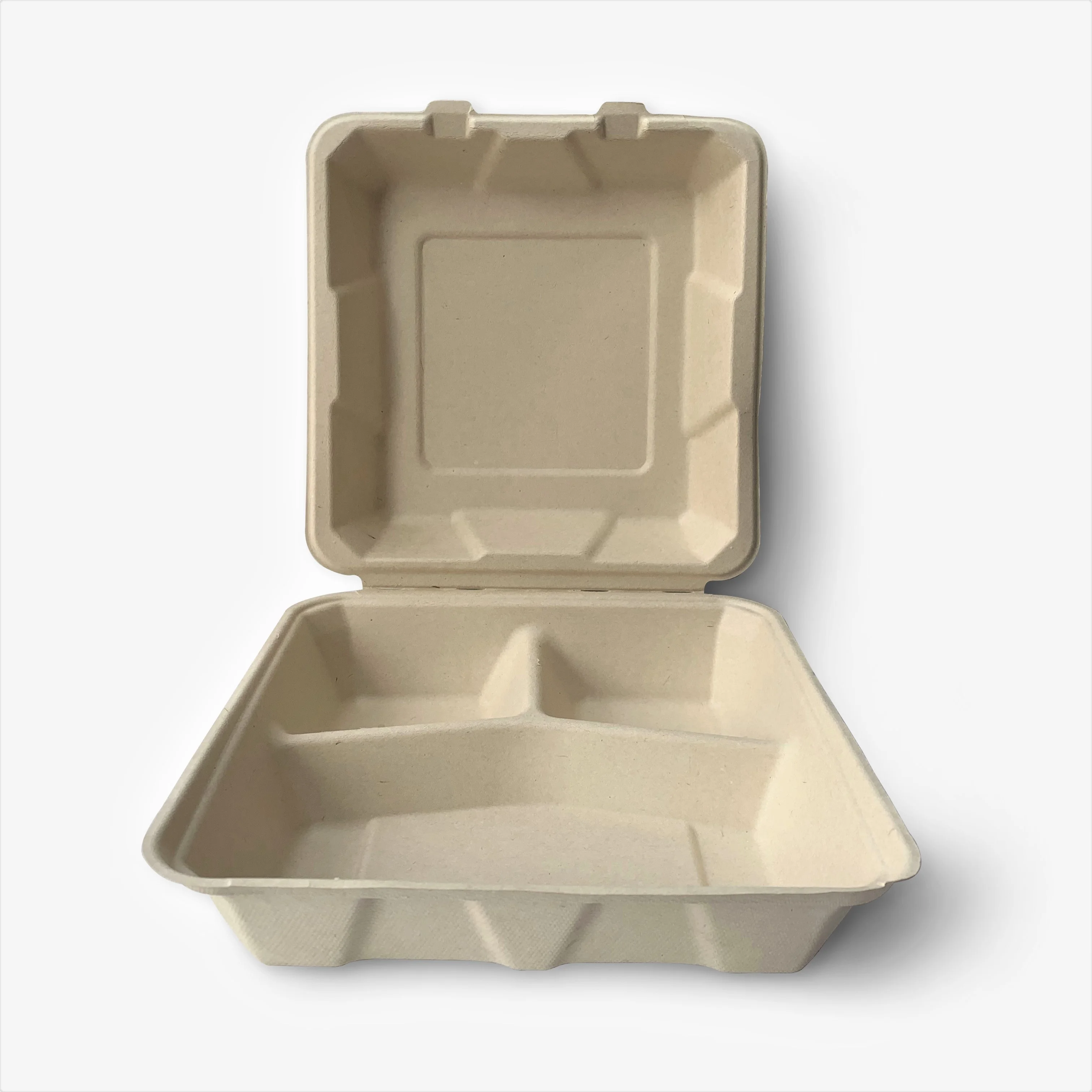 

9X9 Inch 3 Compartment Biodegradable Clamshell Food Containers Bio-Degradable Bagasse Pulp Eco Friendly Disposable Lunch Box