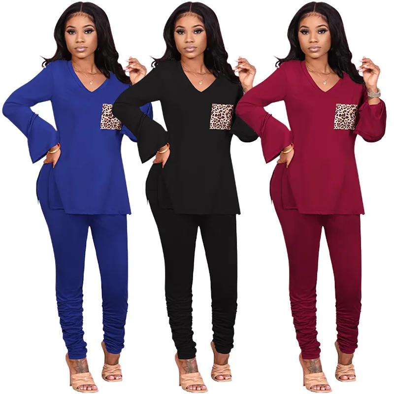 

Eur American Women'S Clothing Casual Loose Long Sleeve V-Neck T-Shirt Straight-Leg Pants Suit