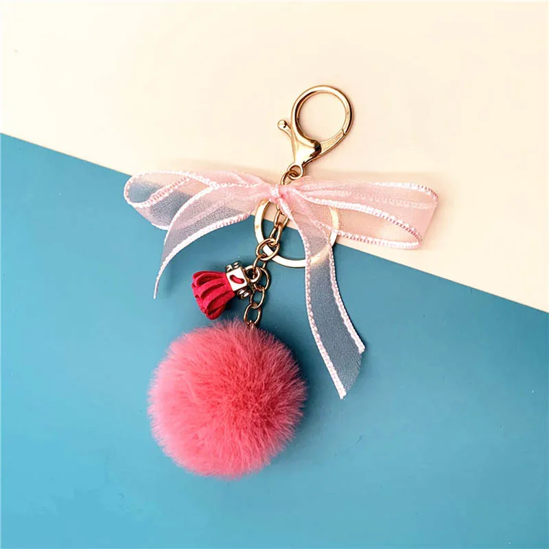 
Custom Cute Colorful Bow Lace Plush Pendant Fur Ball Pom Pom Bag Pendant Key Chain 