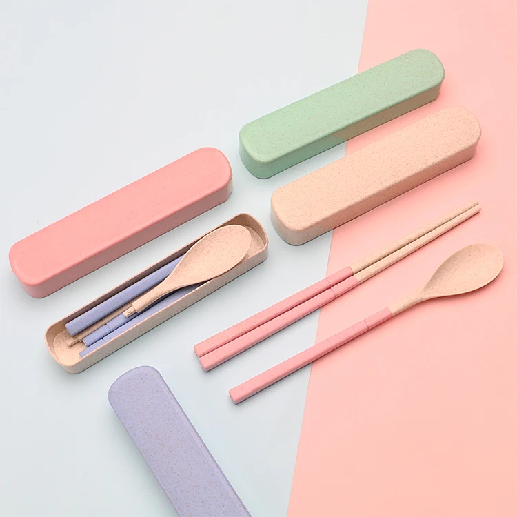 

Eco-Friendly Plastic Set Wheat straw with spoon chopsticks set travel camping cutlery., Blue, pink, green, beige