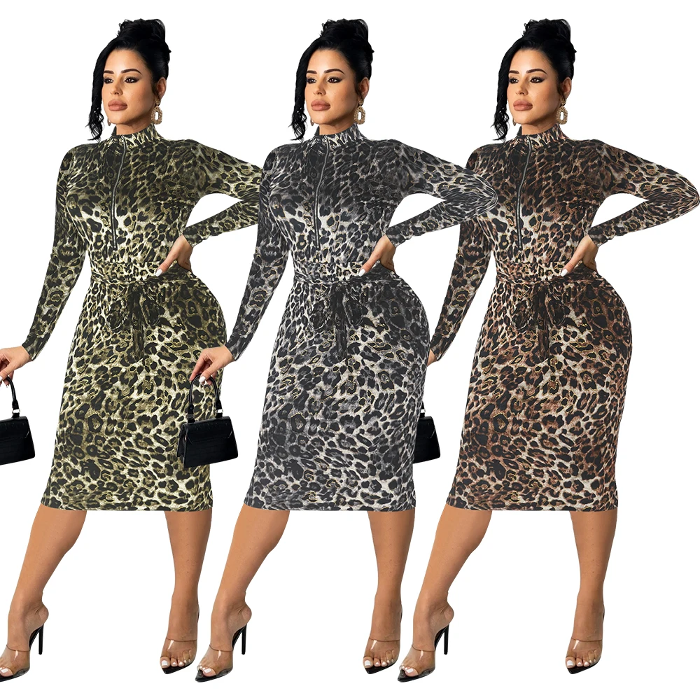 

womens dress fashion long sleeve midi dress leopard printed zipper crew neck bandage trending dress for women, Black/yellow/green