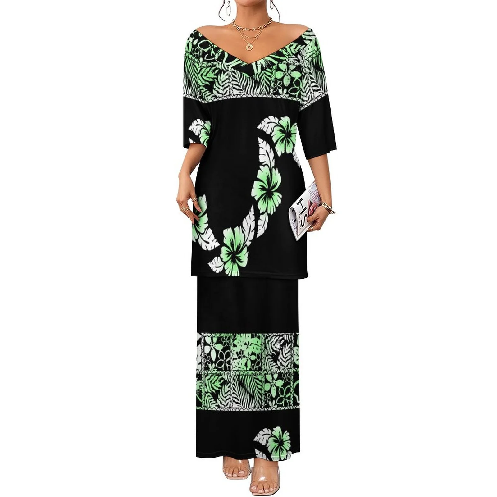 New Arrivals Plus Size V-neck Midi Sleeve Elegant Women Dress Hawaii Polynesian Tribal Design Puletasi 2 Pcs Set