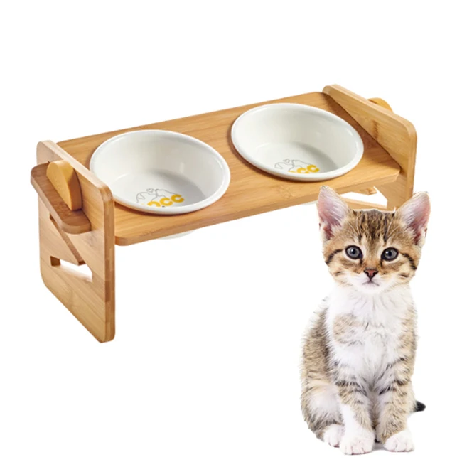 

High Puppy Cat Elevated Bowl Wood Stand 15 Degree Tilt Neck Guard Adjustable Shallow Wide Pet Food Bowl Ceramic