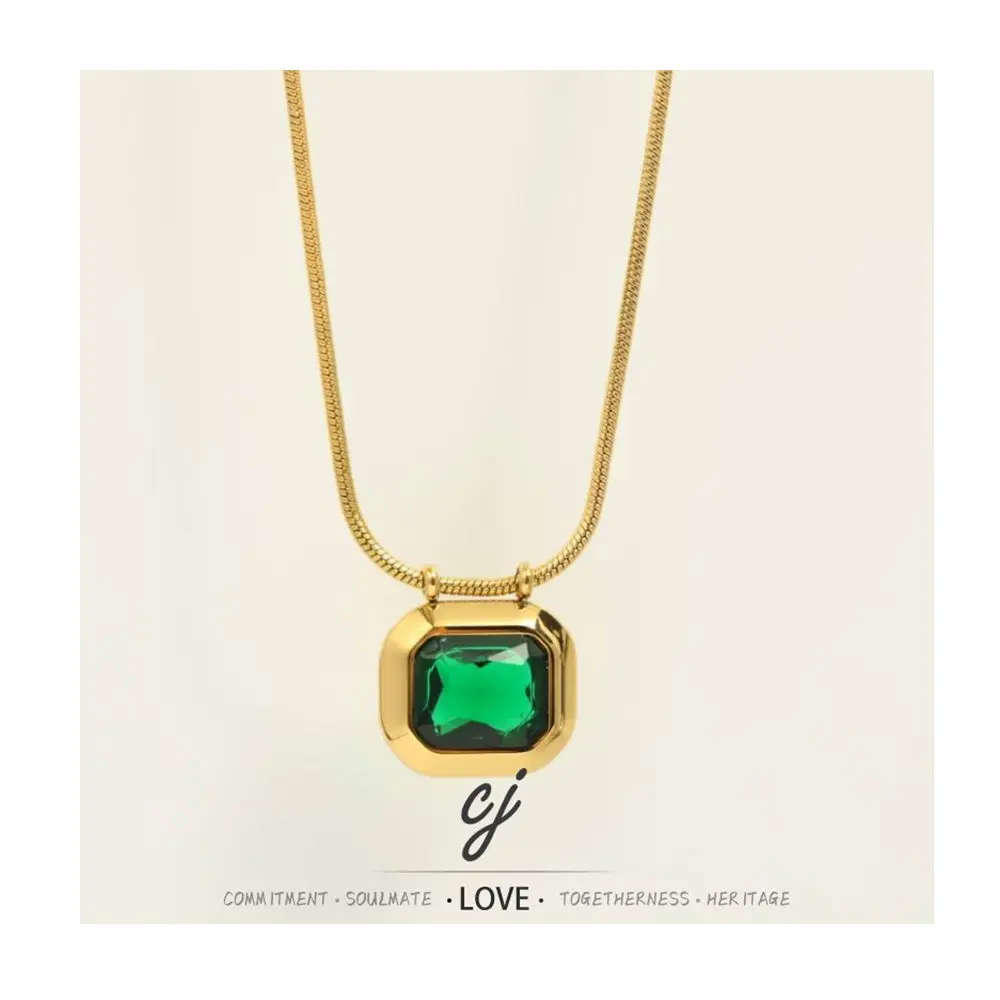 Carline Emerald Green Zircon Trendy Stainless Steel 18K Gold Plated Square Custom Pendant Necklace Snake Chain for Unisex