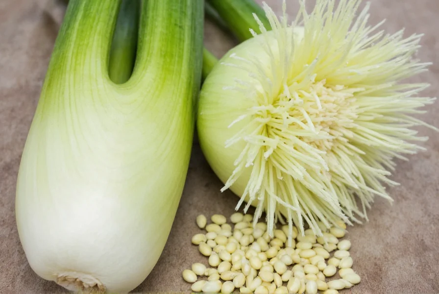 Close-up view of fresh fennel bulb with feathery fronds and seeds displayed separately
