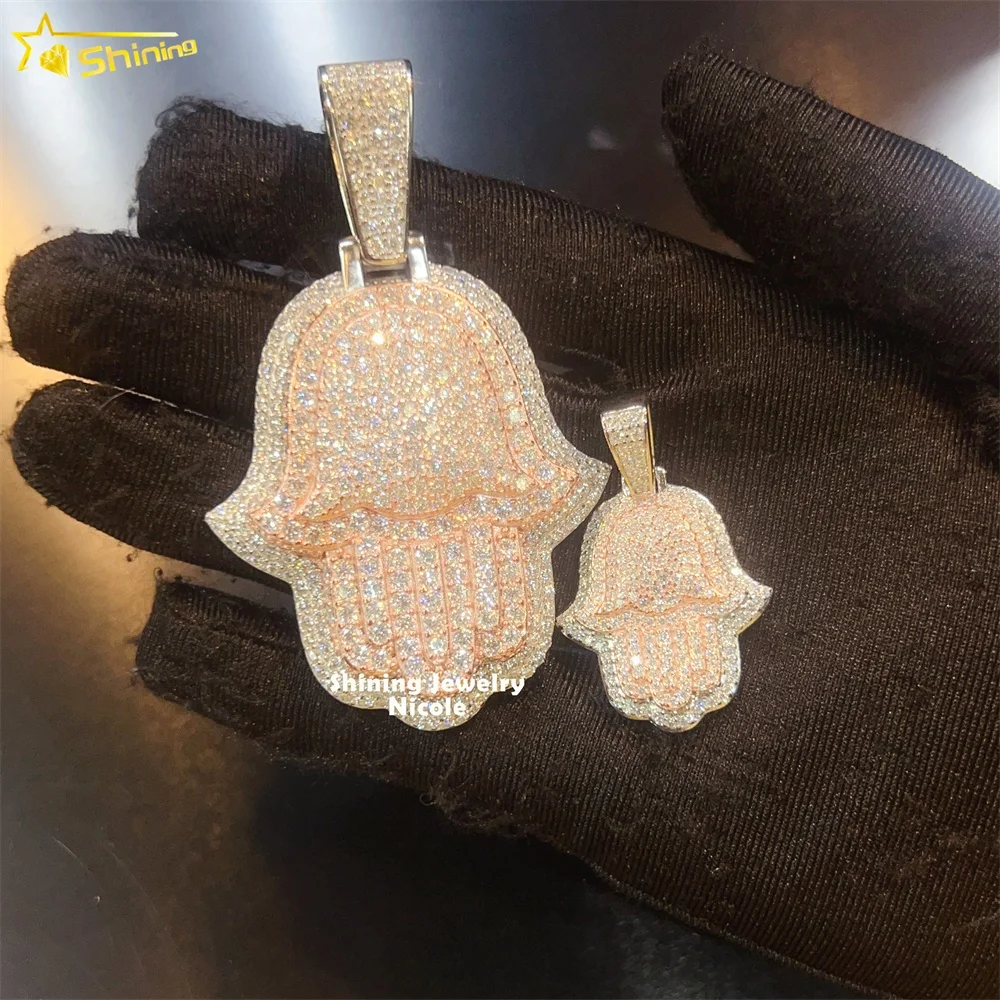 

Custom iced out luxury popular hip hop 925 silver two tone rose gold hamsa moissanite pendant