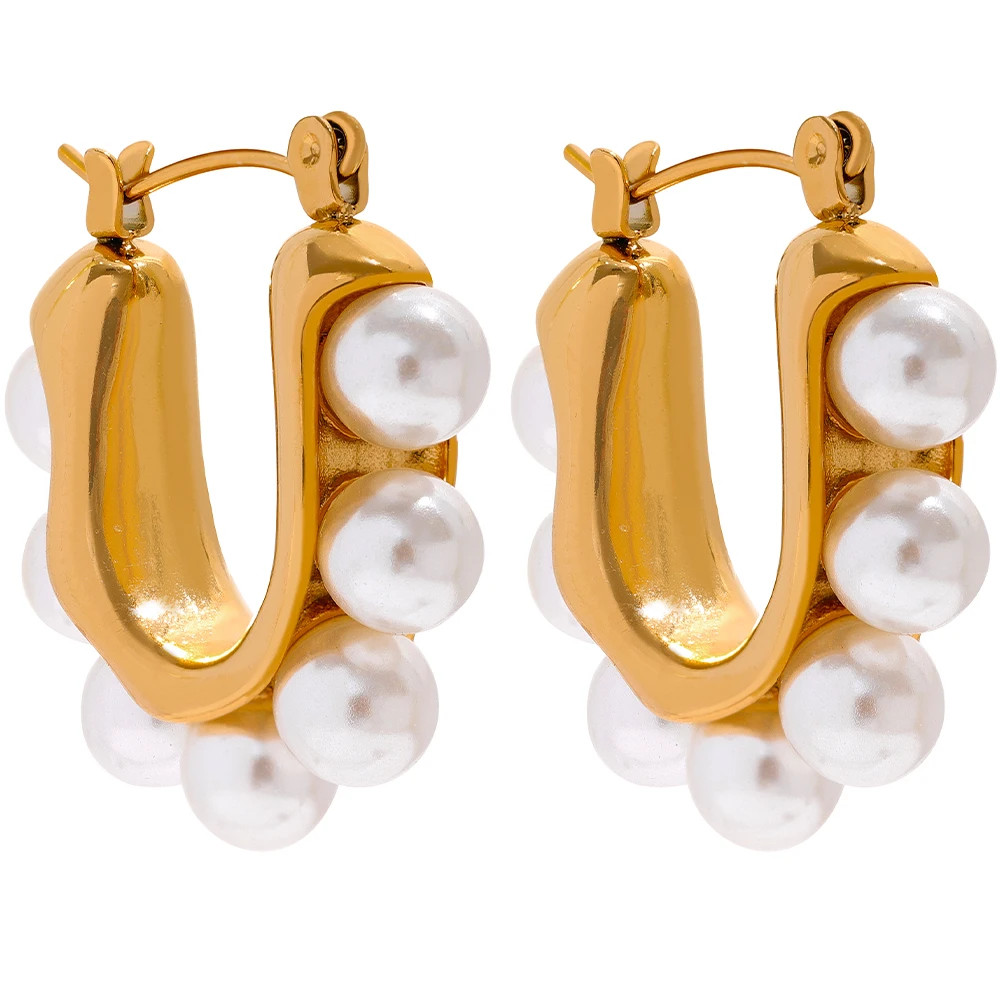 

JINYOU 799 Elegant Artificial Pearls Geometric Stainless Steel Huggie Hoop Earrings 18K Gold Color Waterproof Trendy Jewelry