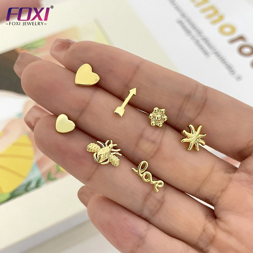 

Foxi jewelry wholesale brass metal flower shape ear stud 14k 18k gold plated minimalist style earrings for girls