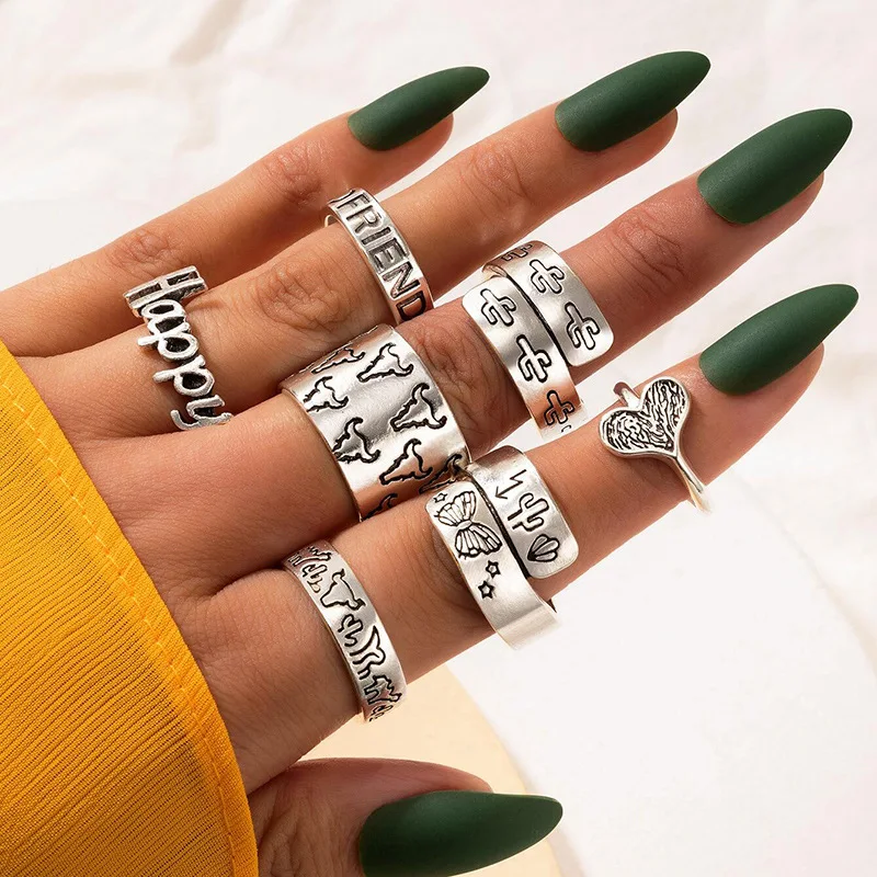 

18K Sliver Plated Geometric Flower Band Ring Hip Hop Wide Engrave Letter Stacked Blue Turquoise Cactus Knuckle Rings Set Jewelry