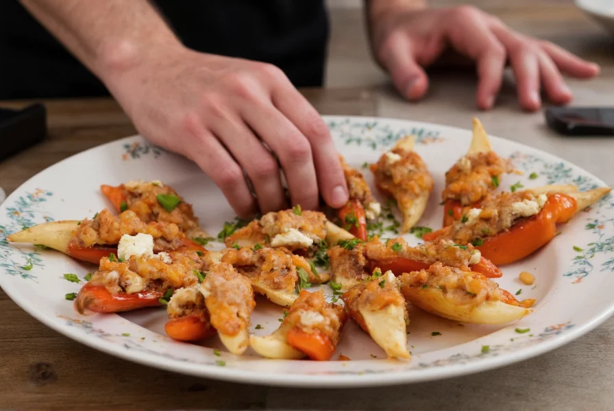 Spanish chef preparing traditional piquillo pepper tapas with cheese and anchovies