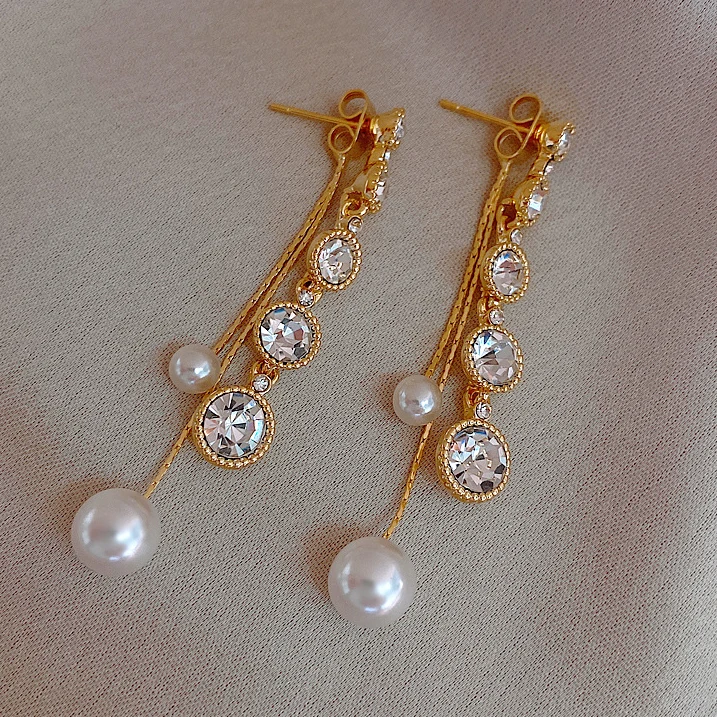 2020韩国新款设计师镀金s925纯银珠饰水钻珍珠流苏耳环女士珠宝