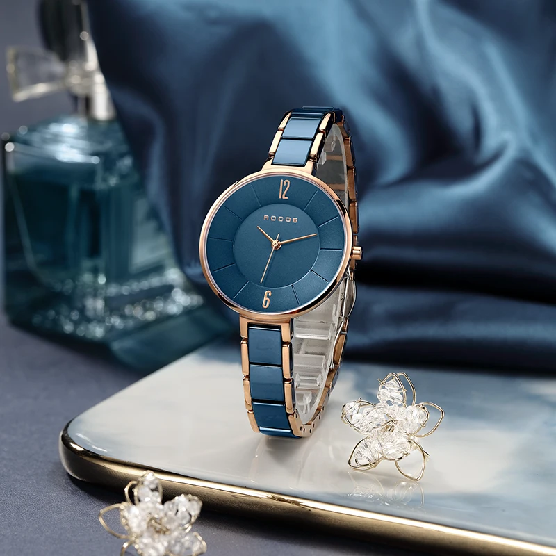 

Women's Ceramic Quartz Watch 3D Concave Blue Dial Modern Simple Fashion Waterproof Wristwatch Small Slim Lady Dress Clock R0309