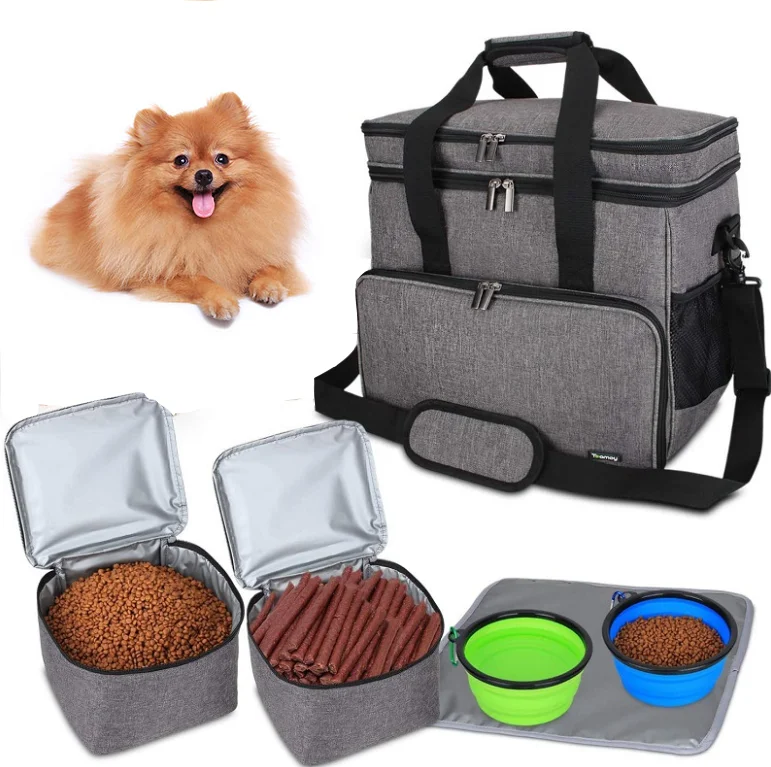 

Outdoor Foldable Pet Travel Pet Bag Pack Set With 2 Food Container, Gray or custom