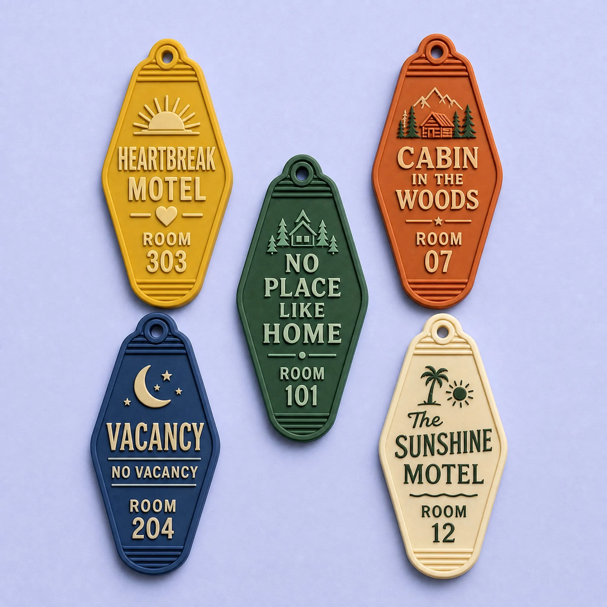 5-Piece Vintage Retro Motel Key Tag PVC Magnet Series: Heartbreak, Cabin, Home, Vacancy, Sunshine