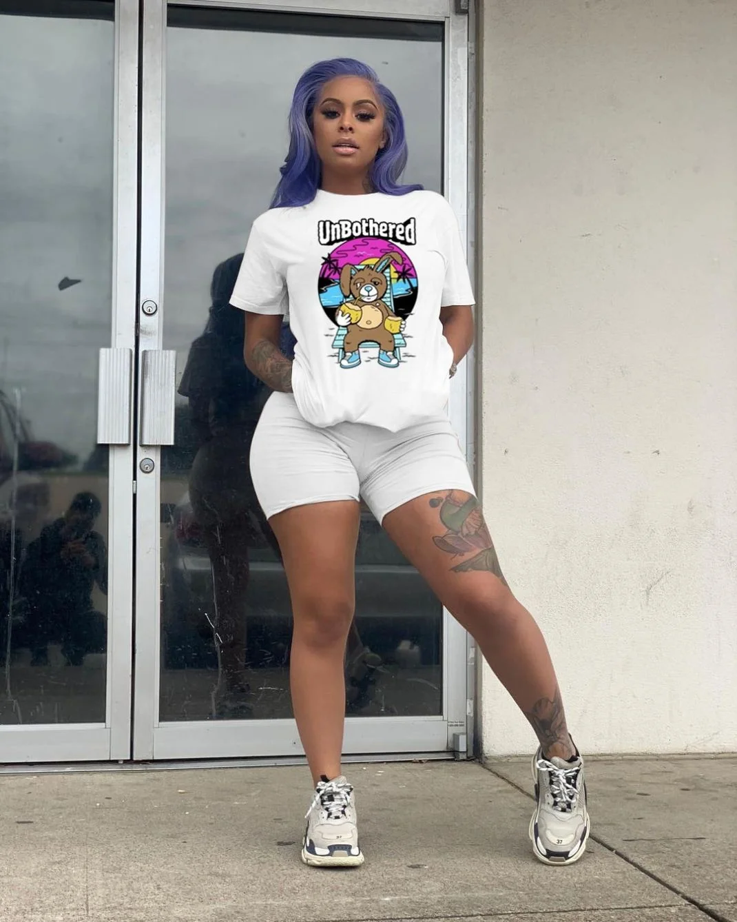 

VOOGUE Fashion Casual Solid Color Cartoon Printed Short Sleeve Two-piece Suit