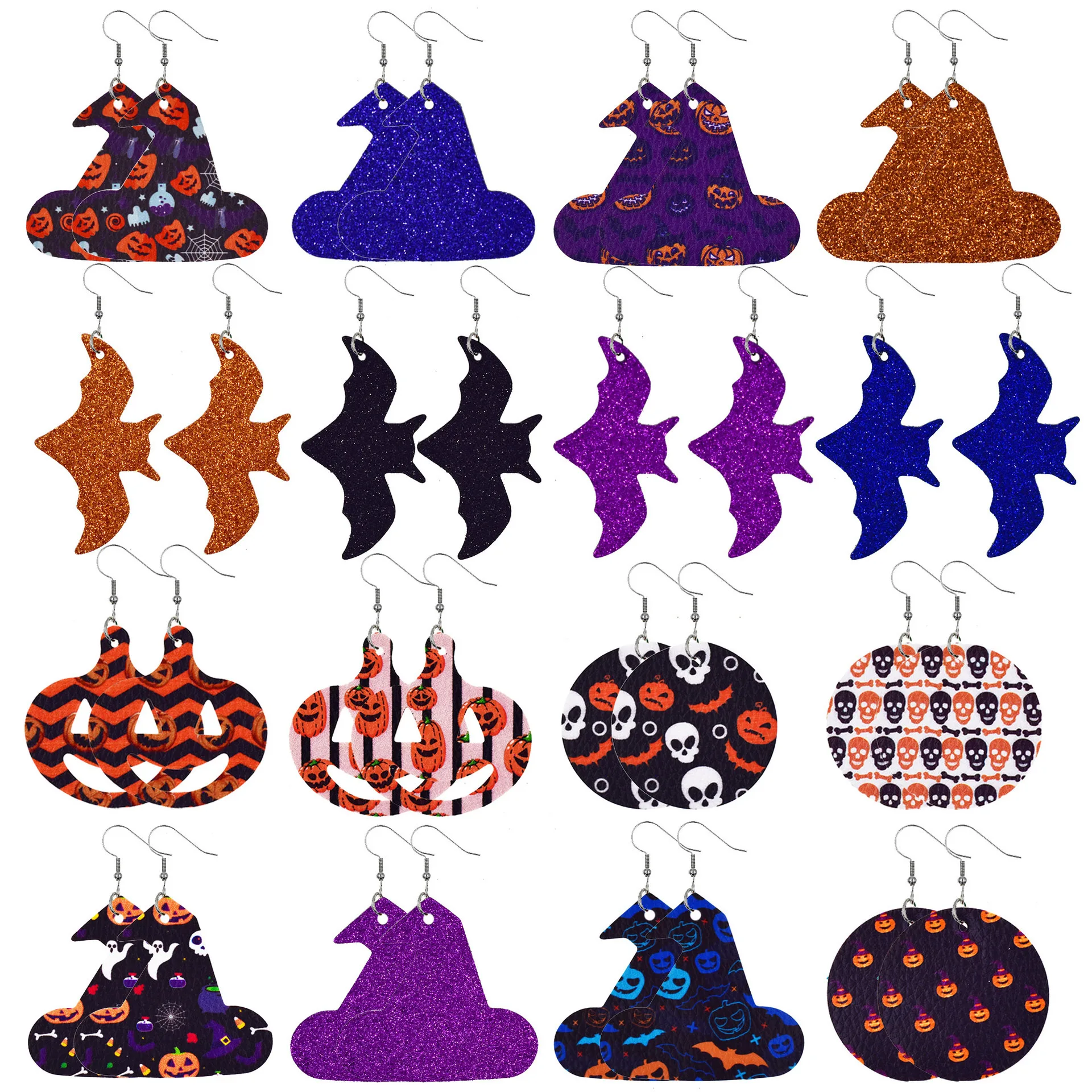 

Wholesale Drop Dangle Pumpkin Skull Bat Faux Leather Holloween Earrings Ghost Tombstone Halloween Earrings for Women Girls, As picture