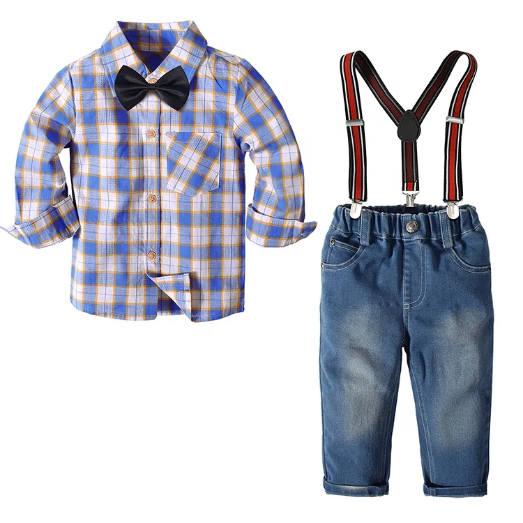 

Children Fall Clothes Boys Long Sleeve Shirt and Suspender Jean Overalls Suit Kid Clothing Set, Red, blue