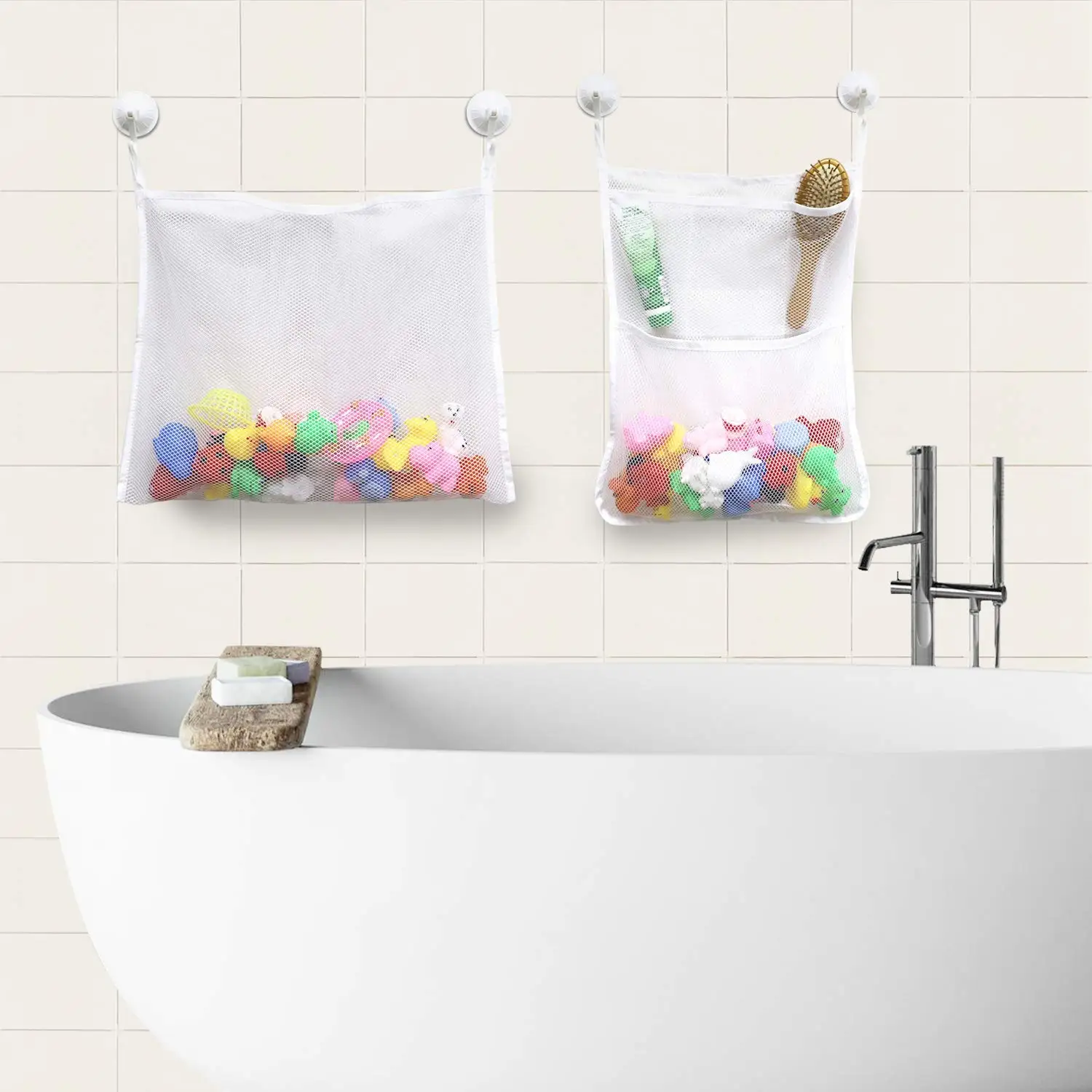 Bath Tub Toy Organizer with 2 Bonus Strong Hooked Suction Cups 