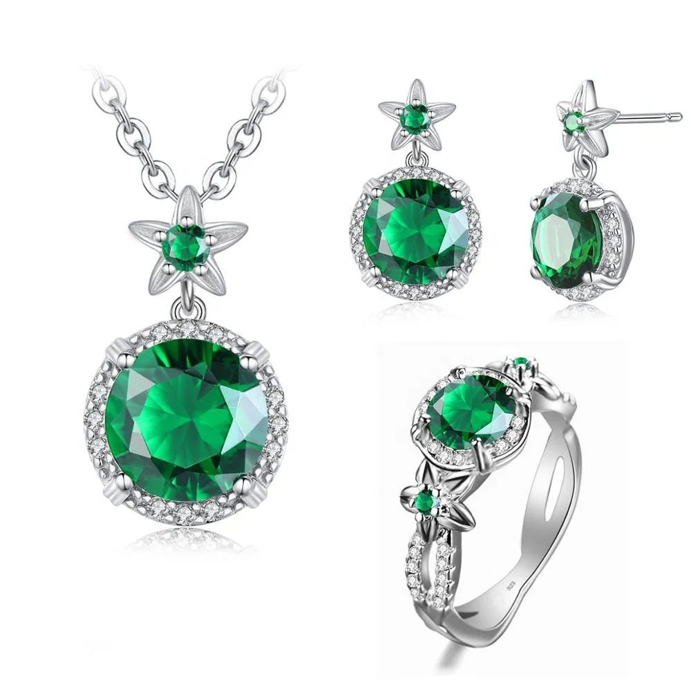 

Szjinao Jewelry Manufacturer Women Boho Flower Ring Earrings Pendant Emerald jewelry Sets 925 Sterling Silver