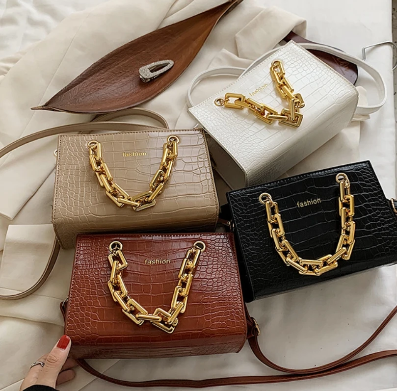 

2021 New Arrivals Alligator print Crossbody Chain bag Women Purses Luxury Square Handbags, White, black, brown, khaki