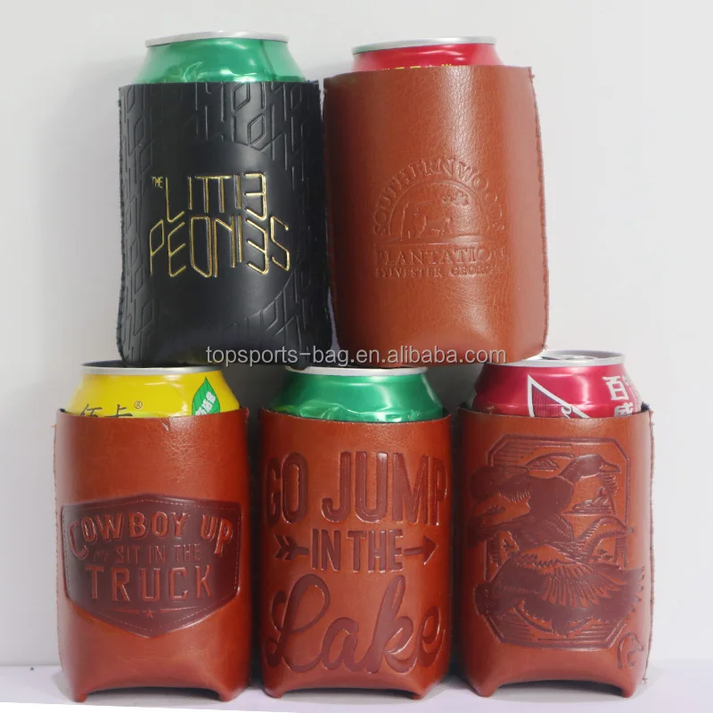 

PU Leather Embossed Logo Custom Durable Neoprene Can Coolie Beverage Holder