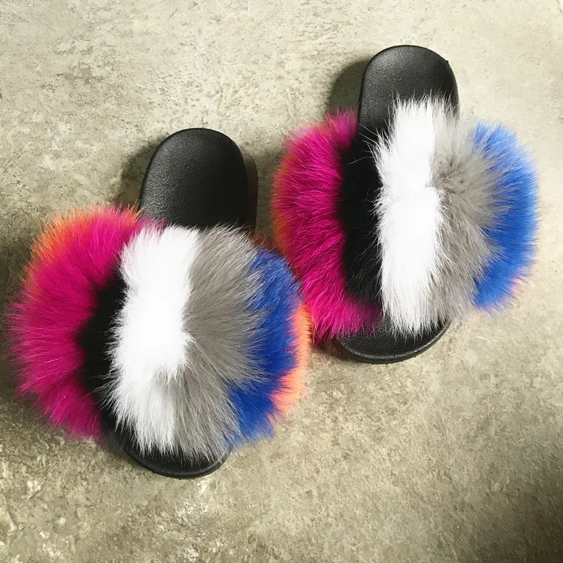 

Mixed Colors Baby Toddler Sandals Real Fox Fur Slippers Raccoon Fur Furry Cute Kids Fur Slides Wholesale with strap