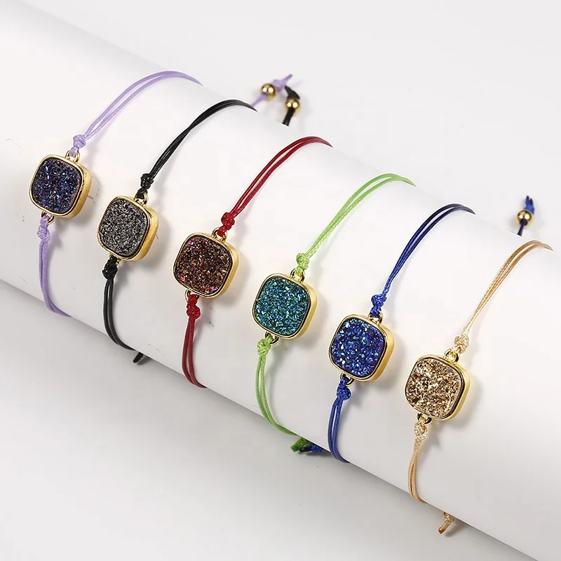 

Fashion square druzy bracelet stainless steel beads rope bracelet charms women jewelry friendship bracelets for girls