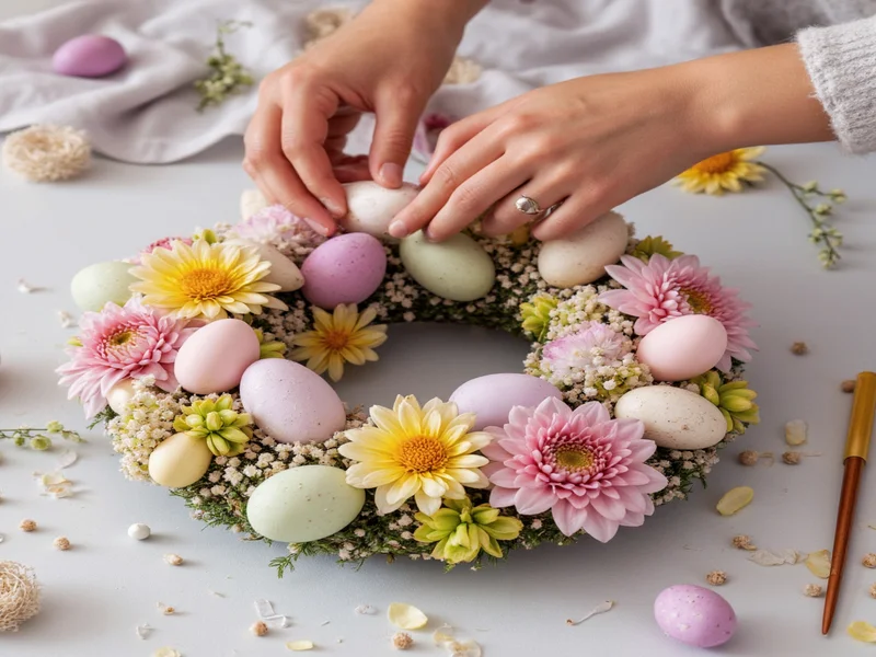 Hands assembling pastel Easter wreath with dried flowers and eggs
