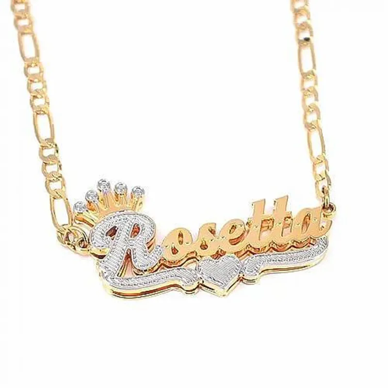 Qiuhan OEM Double Plated Two Tone Crown Love Heart Name Necklace