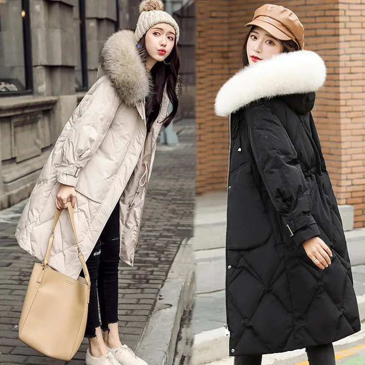 

YQ189 free shipping women Down jacket female long new winter Korean version of the thin waist super large fur collar thick coat