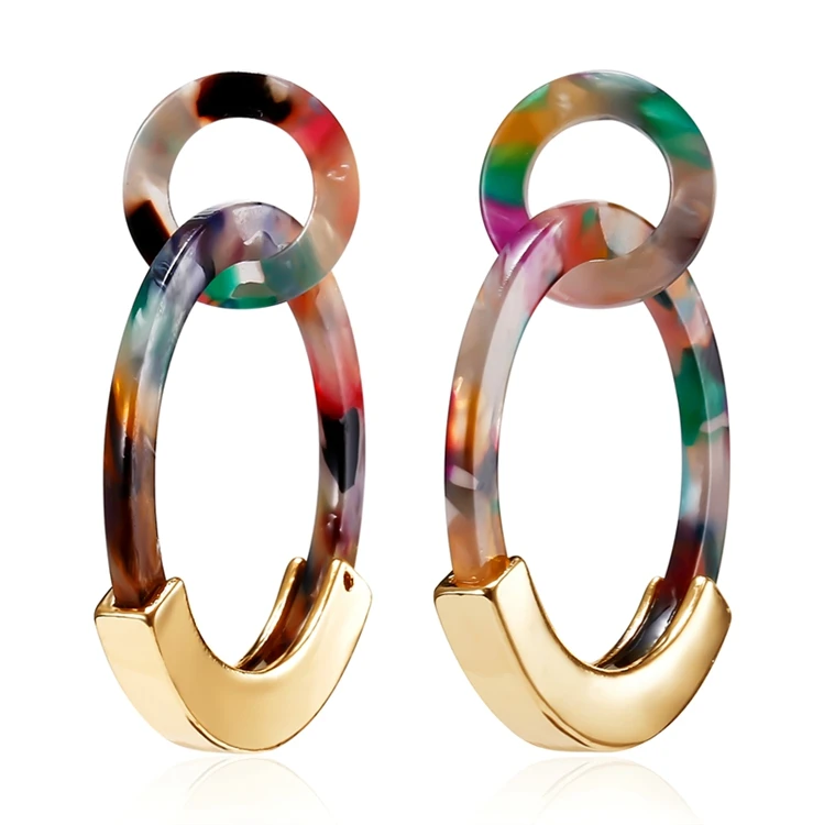 

Bohemian Charm Gold Plated Metal Circle Hollow Round Pendant Green White Women Acetate Acrylic Drop Earrings, As picture