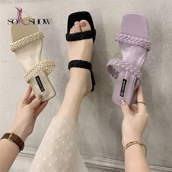 

China Cheap Sandals For Women Square Mid heel shoes Ladies Woven Slippers
