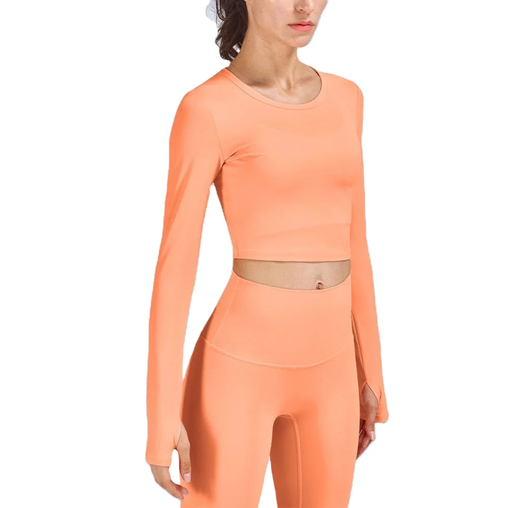 

Fall Winter Round Collar Slimming Compression Custom Gym Shirts Crop Shirts Long Sleeve Crop Top