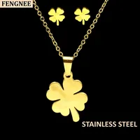 

fengnee bijoux Gold Color luxury Stainless Steel Jewelry sets For Women fashion Pendant clover Necklace set