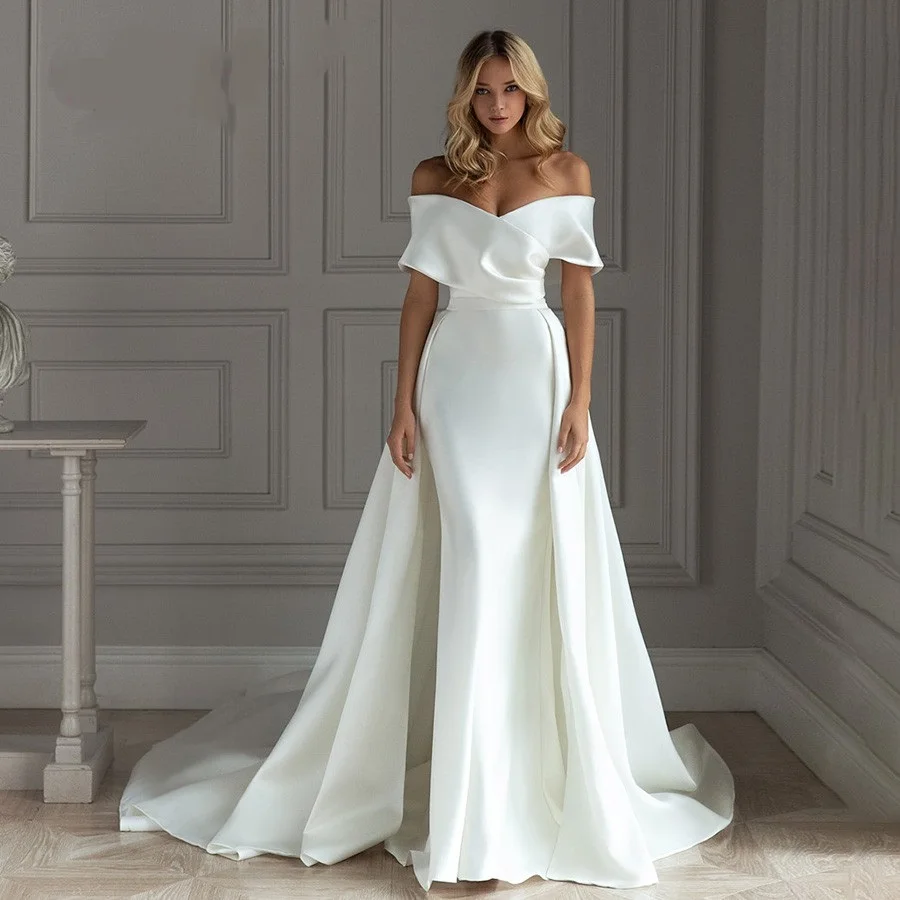 

S422A 2021 new fashion Mermaid High Quality Satin Detachable Train Bow Belt Plus Size Wedding Dress, White