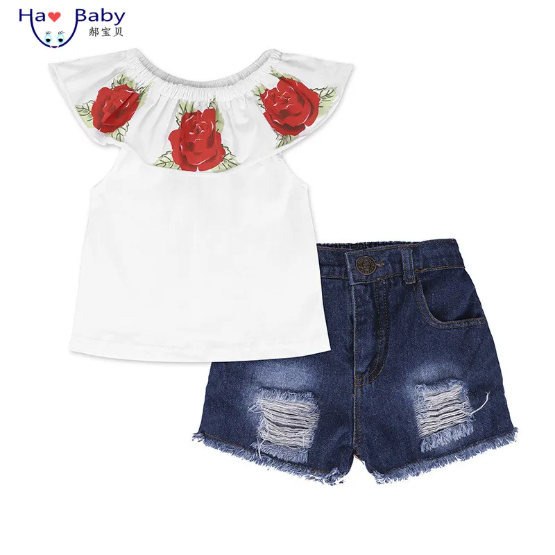 

Hao Baby Children Clothing 2020 Summer Girls Duit Ins Explosion Models Rose Word ShoulDer T + shorts Sets, Nature